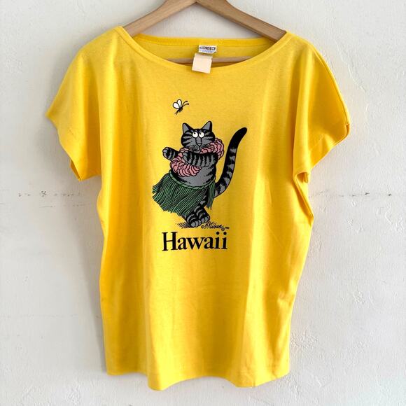 NWT Crazy Shirts 1980s Vintage B Kliban Fat Cat Hawaii T Shirt Size Large Yellow - Picture 1 of 9